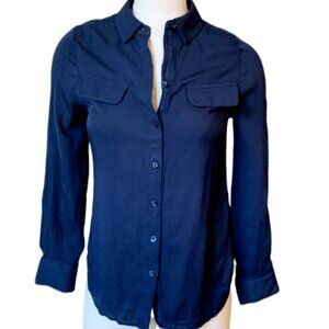 Chico's Silky Rayon Classic Button Front Shirt Sz 00 (XS/2) Navy Blue #61Q